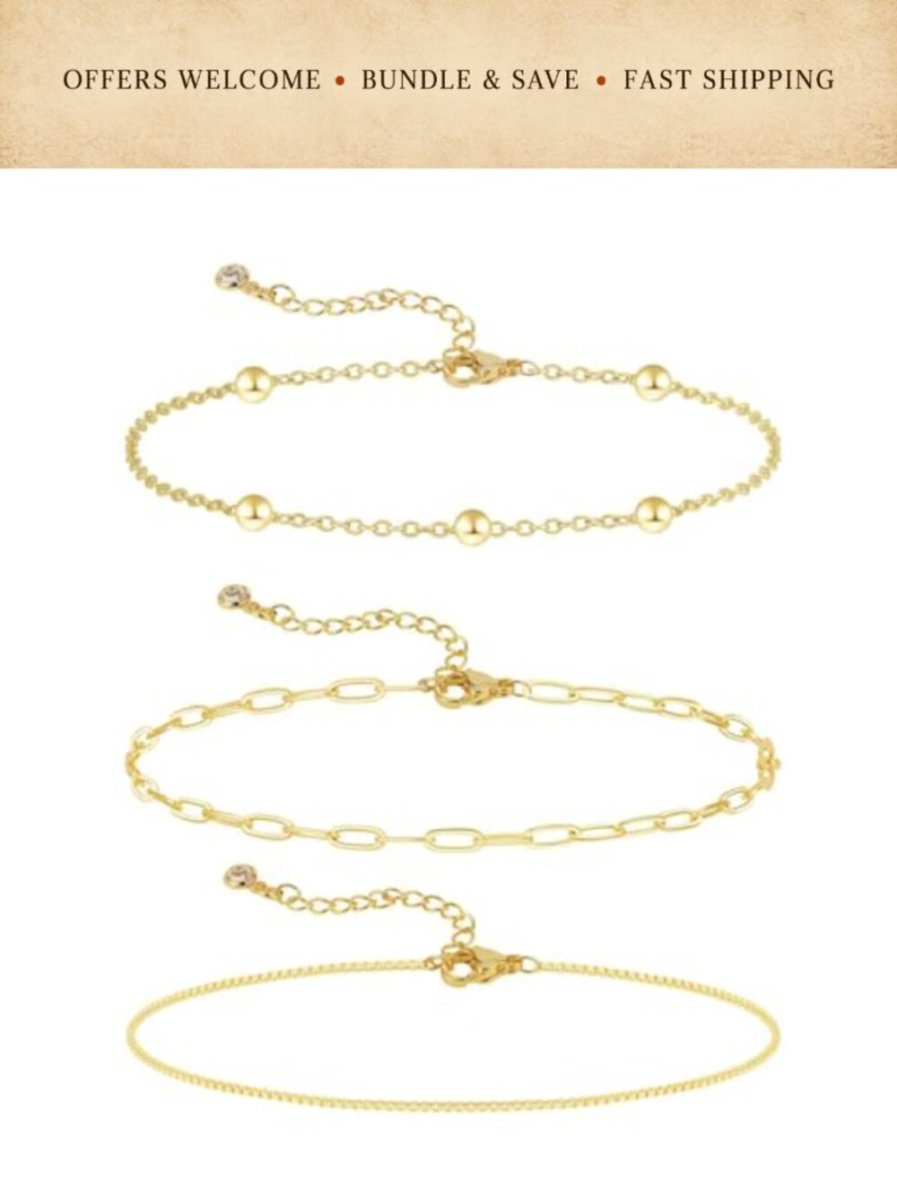 14k Gold Layered Bracelet Set Paperclip Box Chain Beaded Stackable